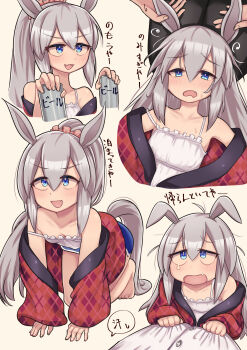 1boy 1girl absurdres alternate_costume animal_ears blue_eyes blue_shorts camisole can clothing_cutout commentary_request frilled_camisole frills grey_hair hair_ornament hair_scrunchie highres holding holding_can horse_ears horse_girl horse_tail jacket long_hair looking_at_viewer loungewear messy multiple_views parted_bangs pink_scrunchie ponytail red_jacket scrunchie shorts spaghetti_strap tail tail_through_clothes tamamo_cross_(umamusume) teaclaw tearing_up translation_request umamusume very_long_hair white_camisole