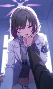 Rule 34 | 1girl, armband, biting, biting another's finger, black armband, blue archive, coat, commentary request, dress over shirt, gloves, gradient hair, grey necktie, grey shirt, halo, highres, long sleeves, looking at viewer, mole, mole on neck, multicolored hair, necktie, pov, pov hands, purple eyes, purple gloves, purple halo, sakurafubukyu, shirt, short braid, subaru (blue archive), thighs, white coat