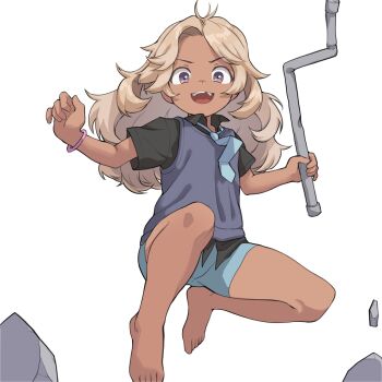 >:) 1girl barefoot black_shirt blue_necktie commentary dark-skinned_female dark_skin feet full_body hazel_(infinity_train) highres holding holding_lead_pipe holding_weapon infinity_train jumping lead_pipe light_brown_hair looking_at_viewer medium_hair midair missing_tooth necktie onion_(tamanegi) open_mouth paid_reward_available purple_eyes shirt short_shorts shorts simple_background solo teeth toes upper_teeth_only v-shaped_eyebrows vest weapon white_background wristband