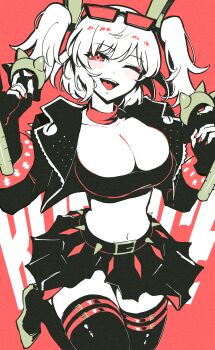 Rule 34 | 1girl, absurdres, black gloves, black jacket, black skirt, black thighhighs, blush, breasts, burnice white, choker, cleavage, crop top, eyewear on head, fingerless gloves, flamethrower, gloves, highres, holding flamethrower, holding weapon, jacket, large breasts, leg up, looking at viewer, midriff, nail polish, one eye closed, open clothes, open jacket, open mouth, red background, red choker, red eyes, red nails, sanshoku dango (shukosuko), simple background, skirt, solo, spikes, sunglasses, thigh strap, thighhighs, twintails, zenless zone zero