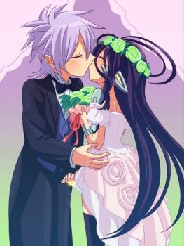 1boy 1girl black_suit black_vest bouquet dress flower formal_clothes gloves hetero highres kiss marriage no_game_no_life no_game_no_life_zero purple_hair riku_(no_game_no_life) robot shuvi_(no_game_no_life) suit vest wedding_dress wreath yuiti_hinata