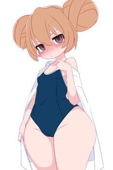 1girl :/ aisaka_taiga arm_at_side big_hair blue_one-piece_swimsuit blush breasts brown_eyes brown_hair cameltoe closed_mouth collarbone collared_shirt competition_school_swimsuit covered_navel cowboy_shot curvy double_bun feet_out_of_frame groin hair_between_eyes hair_bun hand_up highres kukuchi581 kyojiri_loli lab_coat light_brown_hair loli looking_at_viewer nose_blush off_shoulder official_alternate_costume one-piece_swimsuit open_clothes open_shirt school_swimsuit shirt simple_background single_bare_shoulder small_breasts solo standing swimsuit thick_thighs thighs toradora! v-shaped_eyebrows white_background white_shirt wide_hips wide_robe