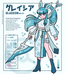 Rule 34 | 1girl, animal ears, blue background, blue eyes, blue footwear, blue hair, blue jacket, blue shirt, boots, breasts, color guide, commentary, creatures (company), crop top, earrings, emily kim, english commentary, english text, game freak, gen 4 pokemon, glaceon, glaive (polearm), highres, holster, jacket, jewelry, medium skirt, nintendo, personification, pokemon, polearm, ponytail, shirt, side slit, simple background, skirt, sleeveless, sleeveless turtleneck, small breasts, snowflake earrings, snowflake print, snowflake print legwear, sparkle, stats, thigh holster, thigh strap, turtleneck, twitter username, weapon