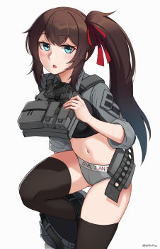 1girl absurdres belt black_thighhighs blue_eyes blush brown_hair bulletproof_vest commentary commission cropped_shirt english_commentary hair_between_eyes hair_ribbon highres long_bangs midriff ndtwofives open_belt original panties ponytail ribbon short_shorts shorts side_ponytail tactical_clothes termichan_(not-a-bot) thighhighs underwear undressing