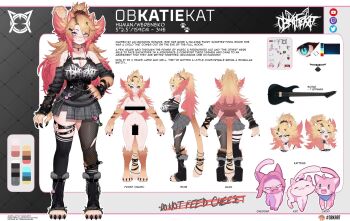 1girl :3 alfyria angry animal_ears animal_hands bandaid bandaid_on_face bandaid_on_nose black_boots black_shirt black_thighhighs blonde_hair blue_eyes boots breasts cat cat_ears cat_girl cat_tail censored chain choker claws cleavage female_pubic_hair freckles from_behind full_body grey_skirt guitar hair_ornament highres huge_breasts indie_virtual_youtuber instrument large_breasts legs long_hair multicolored_hair multiple_expressions nanoless nude obkatiekat obkatiekat_(3rd_costume) off-shoulder_shirt off_shoulder official_art paw_print pink_cat pink_hair pleated_skirt ponytail pubic_hair reference_sheet shirt single_fishnet_legwear skirt standing striped_clothes striped_shirt tail thigh_strap thighhighs thighs tongue tongue_out underboob underbust virtual_youtuber wide_hips
