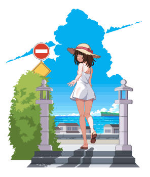 1girl absurdres bakemonogatari black_hair blue_sky bow commentary day dress english_commentary from_behind hat hat_bow highres horizon house kneepits looking_back medium_hair monogatari_(series) ocean outdoors outstretched_hand pixel_art red_bow sandals see-through_clothes see-through_dress sengoku_nadeko shadow sign sky smile solo stairs straw_hat sundress town white_dress whitte_komett