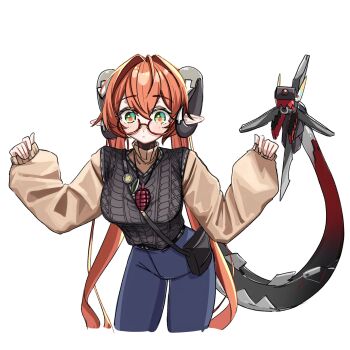 1girl arms_up black_bag black_horns black_sweater_vest blue_pants blush breasts closed_mouth commentary_request cowboy_shot curled_horns dondobi glasses green_eyes gun hair_between_eyes hair_intakes highres horns leaning_forward long_hair looking_at_viewer magus_(zenless_zone_zero) mechanical_horns mechanical_tail medium_breasts orange_hair orange_pupils orphie_magnusson pants pointy_ears round_eyewear simple_background sweater_vest tail turtleneck weapon white_background zenless_zone_zero