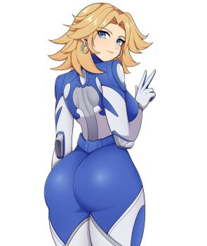 1girl ass blonde_hair blue_bodysuit blue_eyes bodysuit breasts earrings fantastic_four gloves highres jewelry large_breasts long_hair looking_at_viewer marvel marvel_rivals multicolored_bodysuit multiple_girls oninuer simple_background smile solo sue_storm superhero_costume two-tone_bodysuit white_bodysuit