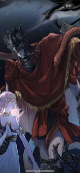 1boy 1girl cape chinese_text closed_mouth commentary commission dark_background dress elden_ring elden_ring:_shadow_of_the_erdtree english_commentary feet_out_of_frame fingernails forehead_protector green_eyes height_difference helmet heterochromia highres holding holding_weapon looking_back looking_down messmer_the_impaler one_eye_closed pink_hair red_cape red_snake sharp_fingernails snake snake_wrapped_around_leg tarnished_(elden_ring) translation_request tworain_w user_interface weapon white_dress winged_helmet yellow_eyes