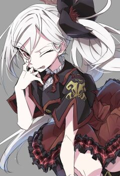 1girl ;p akanbe black_flower black_shirt blue_archive closed_mouth commentary cowboy_shot dutch_angle eyelashes eyelid_pull floating_hair flower frilled_skirt frills grey_background grey_hair hair_behind_ear hair_between_eyes hair_flower hair_ornament halo hand_up high-waist_skirt highres jitaso long_hair looking_at_viewer mutsuki_(blue_archive) neck_ribbon one_eye_closed plaid_clothes plaid_skirt red_eyes red_halo red_ribbon red_skirt ribbon school_uniform shirt short_sleeves side_ponytail simple_background skirt smile solo thigh_strap tongue tongue_out tsurime v-shaped_eyebrows very_long_hair