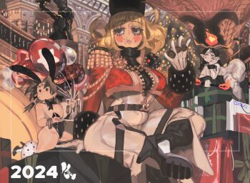 2024 3girls absurdres balloon blonde_hair body_freckles breast_freckles brown_hair chestnut crumbs dice eating fire freckles gift gloves hat heart highres holding holding_balloon horns jacket keziedra military_uniform multiple_girls nutcracker original playboy_bunny shako_cap statue white_gloves zipper