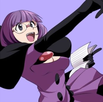 1girl blunt_bangs bob_cut book bow breasts buttons cleavage elbow_gloves glasses gloves hakka_(88hk88) holding holding_book holding_pen large_bow low-cut medium_breasts neck_pillow nintendo open_mouth pantyhose pen pokemon pokemon_bw purple_hair purple_skirt rimless_eyewear round_eyewear shauntal_(pokemon) short_hair skirt smile third-party_source upper_body v-shaped_eyebrows