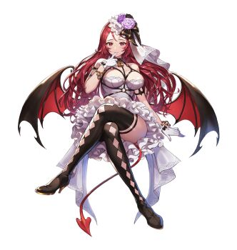 1girl artist_request black_bow black_choker black_flower black_ribbon black_wings boots bow breasts bridal_veil bride broken broken_chain chain chest_harness choker cleavage clothing_cutout commentary commentary_request crossed_legs cuffs demon_girl demon_tail demon_wings diamond-shaped_pupils diamond_(shape) diamond_cutout dress english_commentary epis finger_to_mouth flower footwear_cutout frilled_dress frilled_hat frills full_body glove_bow gloves gold_trim hair_flower hair_ornament hand_up harness hat heart high_heel_boots high_heels highres invisible_chair king&#039;s_raid korean_commentary large_breasts layered_dress lipstick lock long_hair makeup mixed-language_commentary official_alternate_costume official_art padlock padlocked_collar pink_flower pink_lips purple_flower red_eyes red_hair red_tail red_wings ribbon second-party_source shackles short_dress simple_background sitting smile solo strapless strapless_dress symbol-shaped_pupils tail thigh_boots upskirt veil wedding_dress white_background white_dress white_gloves white_hat white_veil wings