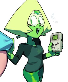 Rule 34 | 1girl, alien, alternate costume, blonde hair, casual, colored skin, cowboy shot, discount-supervillain, face shield, forehead jewel, gem, gem (steven universe), green skin, open mouth, peridot (steven universe), short hair, shorts, smile, steven universe, transparent background, triangle-shaped hair