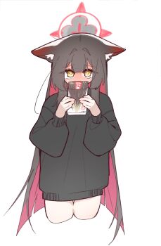 1girl absurdres animal_ears black_hair black_sweater blue_archive blunt_ends colored_inner_hair food fox_ears fox_girl hair_between_eyes halo highres holding holding_food holding_pocky long_hair multicolored_hair no_pants pocky red_hair red_halo sidelocks smsm516 solo sweater two-tone_hair wakamo_(blue_archive) yellow_eyes