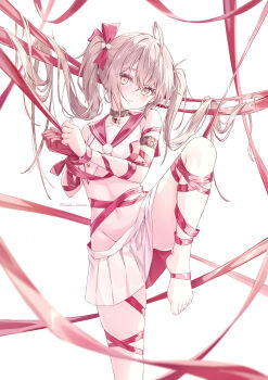 1girl absurdres ahoge barefoot bell bound bound_wrists bow brown_collar brown_eyes brown_hair christmas collar commentary_request daidai_(daidai826) feet gloves hair_bow hair_ornament highres jingle_bell long_hair navel original pom_pom_(clothes) pom_pom_hair_ornament red_bow red_gloves red_ribbon red_sailor_collar ribbon sailor_collar shirt simple_background single_glove skirt solo toes twintails very_long_hair white_background white_shirt white_skirt