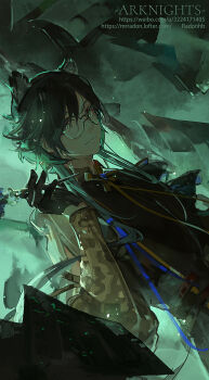 1boy animal_ears arknights black_gloves black_hair black_shirt blue_ribbon book brown_sleeves cat_boy cat_ears chinese_commentary closed_mouth commentary_request copyright_name expressionless flying_paper glasses gloves green_eyes green_theme hair_between_eyes hair_over_shoulder hand_up highres holding holding_quill light_particles long_sleeves looking_at_viewer lying male_focus medium_hair mrradon on_back paper playwright_(arknights) puffy_sleeves quill ribbon round_eyewear shirt sideways_glance solo upper_body