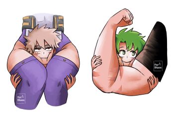 Rule 34 | a or b (meme), bakudeku, bakugou katsuki, blonde hair, blu500 mha, boku no hero academia, crossdressing, freckles, green hair, groin, head between legs, legs, meme, midoriya izuku, mirko, mirko (cosplay), muscular, scar, sitting, smile, struggling, tight clothes