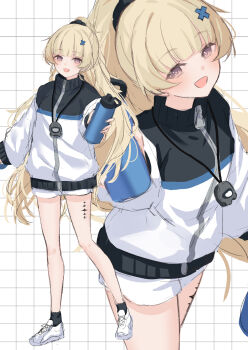 1girl :d alternate_costume alternate_hairstyle blonde_hair bottle commentary_request cowboy_shot full_body hair_ornament highres holding holding_bottle incoming_gift jersey kuramoto_beta-carotene long_hair long_sleeves looking_at_viewer multiple_views open_mouth pendant_watch phoebe_(wuthering_waves) ponytail purple_eyes shoes shorts simple_background smile tacet_mark_(wuthering_waves) very_long_hair water_bottle white_background white_jersey white_shoes white_shorts wuthering_waves x_hair_ornament