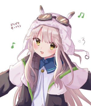 1girl anemoi blush brown_hair commentary_request dress fusaba_aino goggles goggles_on_head hair_between_eyes happy highres jacket long_hair looking_at_viewer musical_note open_clothes open_jacket open_mouth outstretched_arms puff_of_air retugo_asa sidelocks simple_background smile solo translation_request upper_body very_long_hair white_background white_dress yellow_eyes