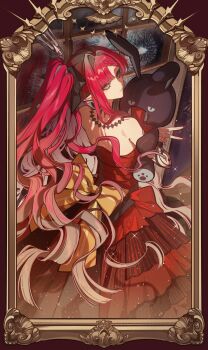 1girl baobhan_sith_(exhibition_attire)_(fate) baobhan_sith_(fate) baobhan_sith_(swimsuit_pretender)_(third_ascension)_(fate) crown dress fate/grand_order fate_(series) grey_eyes hana_soretsu hashtag-only_commentary highres long_hair looking_at_mirror looking_at_viewer looking_back mirror pointy_ears red_dress red_hair side_ponytail solo stuffed_animal stuffed_toy teddy_bear