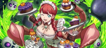 1girl apron bow braid breasts cake code_geass code_geass:_lost_stories code_geass:_pule_almaria f4samurai food fruit game_cg green_eyes halloween highres holding holding_plate jewelry large_breasts long_hair looking_at_viewer maid maid_apron maid_headdress official_art one_eye_closed open_mouth plate red_hair satori_richelieu smile solo white_apron