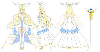 1girl absurdres blonde_hair blue_eyes breasts commission dress elbow_gloves flat_color from_behind from_side full_body gloves halo high_heels highres large_breasts long_hair looking_at_viewer multiple_views mytea_(soso) original reference_sheet showgirl_skirt skeb_commission smile solo staff standing thighhighs white_background white_dress white_gloves white_thighhighs