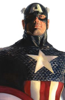 1boy absurdres alex_ross armor blue_armor blue_eyes bodysuit captain_america captain_america_(series) comic_cover cover cover_page highres holding holding_shield looking_at_viewer male_focus marvel mask multicolored_bodysuit muscular muscular_male official_art one_eye_in_shadow realistic red_bodysuit scale_armor shield solo star_(symbol) steve_rogers striped_bodysuit superhero_costume upper_body western_comics_(style) white_background white_bodysuit winged_headwear