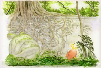 Rule 34 | aotake tomo, commentary request, fern, fuecoco, highres, koraidon, mural, nintendo, no humans, outdoors, painting (medium), plant, plant roots, pokemon, pokemon (creature), rock, traditional media, tree, watercolor (medium)