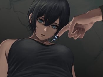 Rule 34 | 2girls, android, artificial eye, black hair, black shirt, blue pupils, breasts, commission, damaged, hacking, highres, large breasts, mechabare, mechanical eye, multiple girls, muscular, muscular female, pixiv commission, rob 110101101, shirt, short hair, t-800, t-x, terminator (series), terminator 3: rise of the machines, the terminator