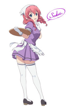 1girl amano_miu apron blend_s blue_eyes braid gloves headscarf long_hair looking_at_viewer open_mouth red_hair skirt smile stile_uniform thighhighs twin_braids ushio_(0632cd-0729jf) waitress white_gloves white_thighhighs