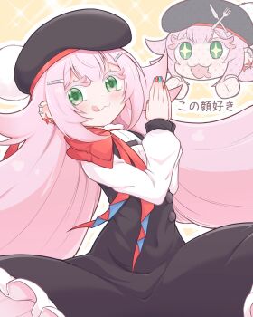 Rule 34 | + +, 1girl, :3, akujiki-san, akujiki-san no gohan, aqua nails, beret, big hair, big head, black dress, black hat, blush, colored eyelashes, dress, drooling, earrings, fork, green eyes, hair ornament, hairclip, hat, highres, jewelry, knife, long hair, looking at viewer, mouth drool, nail polish, palms together, pink hair, pom pom hat ornament, praying, red nails, red scarf, red trim, saisyuusensi, scarf, shirt, sparkle, tongue, tongue out, translation request, very long hair, white shirt, yellow background