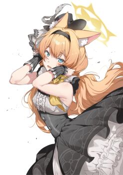 Rule 34 | 1girl, animal ear fluff, animal ears, armpits, bare shoulders, black hairband, black hat, black overskirt, blue archive, blue eyes, breasts, cat ears, chinese commentary, commentary request, covered erect nipples, double-parted bangs, dress, floating hair, fluffy hair, frills, grey dress, grey feathers, hairband, halo, hat, highres, holding, holding own hair, idol, idol clothes, long hair, looking at viewer, low twintails, mari (blue archive), mari (idol) (blue archive), mini hat, mini top hat, orange hair, ribbon, solo, sweat, top hat, twintails, two-tone dress, white background, wrist cuffs, yellow halo, yellow ribbon, youguo naberu