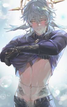 1boy alicevseliet arms_up black_gloves black_pants black_shirt blush clothes_lift commentary cowboy_shot english_commentary eyelashes gloves halo halo_behind_head head_wings highres honkai:_star_rail honkai_(series) looking_at_viewer male_focus male_pubic_hair navel nervous_sweating open_pants pants parted_lips pubic_hair shirt shirt_lift solo spiked_halo sunday_(honkai:_star_rail) sweat tattoo wings yellow_eyes