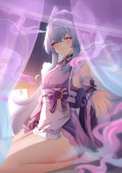 1girl absurdres apron aqua_hair blush breasts choker colored_smoke commentary_request curtains detached_sleeves frilled_hairband frills genshin_impact hairband highres japanese_clothes kimono long_hair looking_at_viewer mako_(cvyt5325) medium_breasts nihongami obi pink_eyes pink_kimono pink_pupils pointy_ears purple_ribbon reaching reaching_towards_viewer ribbon sash see-through_curtains seiza short_kimono sitting smile smoke socks solo thighs waist_apron white_apron white_socks wide_sleeves yumemizuki_mizuki