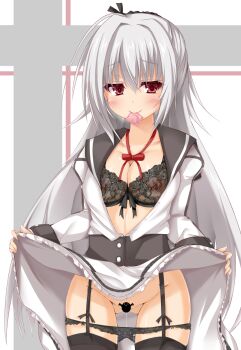 1girl bad_link bad_nico_seiga_link black_bra black_panties black_thighhighs blush bow bowtie bra breasts censored cleavage closed_mouth clothes_lift collarbone covered_erect_nipples cowboy_shot cum cum_in_mouth dracu-riot! elina_olegovna_oven eyes_visible_through_hair floral_print floral_print_bra floral_print_panties frilled_skirt frilled_sleeves frills furrowed_brow garter_straps gluteal_fold grey_hair groin hair_between_eyes hair_intakes half-closed_eyes half_updo highres juliet_sleeves kyouno_komatsu large_breasts lifting_own_clothes lingerie long_hair long_sleeves looking_at_viewer miniskirt novelty_censor open_clothes open_shirt panties panty_pull presenting_own_body print_bra print_panties puffy_sleeves pussy_juice red_bow red_bowtie red_eyes school_uniform shirt sidelocks simple_background skirt skirt_lift smile solo thighhighs tsukinaga_academy_school_uniform underwear very_long_hair white_background white_shirt