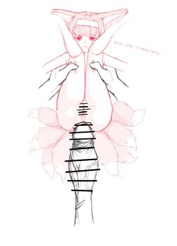 1girl absurdres anal animal_ears arknights bar_censor censored completely_nude deep_skin fox_ears fox_girl fox_tail hairband highres huge_penis kitsune limited_palette multiple_tails nude penis rape self-upload short_hair simple_background suzuran_(arknights) tail yuyugalaxy