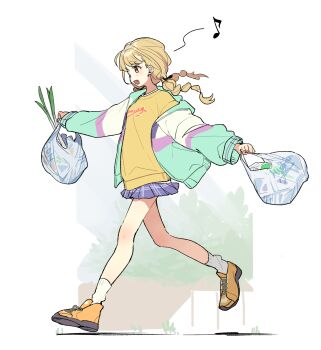 1girl bag blonde_hair blue_skirt bongnom braid brown_shoes commentary_request fang fujita_kotone futaba_anzu gakuen_idolmaster green_jacket highres holding holding_bag idolmaster jacket long_sleeves miniskirt musical_note open_mouth partial_commentary plaid_clothes plaid_skirt plastic_bag pleated_skirt shirt shoes skirt socks solo spoken_musical_note spring_onion twin_braids white_socks yellow_eyes yellow_shirt