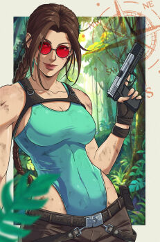 1girl belt blue_leotard braid breasts brown_belt brown_eyes brown_gloves brown_hair cleavage collarbone commission compass covered_navel curvy fingerless_gloves gloves gun h&amp;k_usp handgun highleg highleg_one-piece_swimsuit highres holding holding_gun holding_weapon jhony_caballero jungle lara_croft leotard lips long_hair looking_to_the_side medium_breasts nature one-piece_swimsuit red-tinted_eyewear single_braid smile solo sunglasses swimsuit tinted_eyewear tomb_raider very_long_hair weapon wide_hips