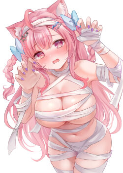 1girl @_@ ahoge animal_ears bandaged_arm bandaged_chest bandaged_head bandaged_leg bandaged_neck bandaged_wrist bandages blue_bow blush bow braid breasts cat_ears cat_girl cat_hair_ornament claw_pose cleavage collarbone commentary_request fingernails hair_bow hair_ornament hairclip highres indie_virtual_youtuber large_breasts long_hair looking_at_viewer mummy_costume nail_polish naked_bandage navel nikoo open_mouth pink_eyes pink_hair purple_nails simple_background solo star_(symbol) star_hair_ornament stomach thighs two_side_up virtual_youtuber white_background yuuki_sakuna