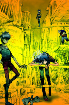 1girl 2d_(gorillaz) 3boys bad_id bad_pixiv_id cigarette gorillaz gurenosuke multiple_boys murdoc_niccals noodle_(gorillaz) russel_hobbs sketch smoking stuart_pot
