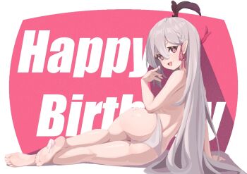 Rule 34 | 1girl, ass, barefoot, blush, commentary request, food on foot, food on hand, from behind, full body, grey hair, hair between eyes, happy birthday, long hair, looking at viewer, lying, on side, open mouth, original, panties, pointy ears, red eyes, smile, soles, solo, symbol-shaped pupils, toes, topless female, underwear, user zdrv4572, very long hair, whipped cream, white panties