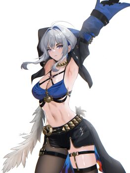 1girl absurdres ahoge armpits arms_up black_jacket black_pantyhose black_shorts blue_bra blue_nails bra breasts closed_mouth commentary cropped_jacket earrings feathered_wings galbrena_(wuthering_waves) gold_choker grey_hair hair_intakes highres jacket jewelry looking_at_viewer medium_breasts mole mole_on_neck navel pantyhose purple_eyes shorts sidelocks signature simple_background single_leg_pantyhose single_wing solo stomach thigh_strap thighs underwear utim very_long_fingernails white_background wings wuthering_waves