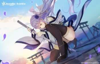 1girl black_shoes black_thighhighs blue_eyes bow character_request closed_mouth cloud copyright_name copyright_notice falling_petals flower grey_hair hair_bow hair_flower hair_ornament high_heels highres holding holding_sword holding_weapon japanese_clothes kamizaki_hibana katana kimono long_hair petals purple_petals reverseblue_x_re-birthend sheath shoes sky solo sword thighhighs torii weapon white_bow white_kimono