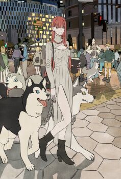 Rule 34 | animal, back, bag, black footwear, blunt bangs, boots, chainsaw man, character request, commentary, cup, denji (chainsaw man), dog, full body, hair behind ear, hand in pocket, hat, hayakawa aki, highres, himeno (chainsaw man), holding, holding cup, horns, katana man (chainsaw man), long hair, looking at viewer, makima (chainsaw man), outdoors, ponytail, power (chainsaw man), red hair, red nails, sawatari akane (chainsaw man), short hair, shorts, shoulder bag, side slit, takeuchi ryousuke, tongue, tongue out, turtleneck, yoru (chainsaw man)