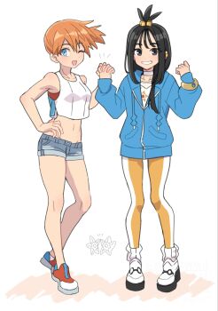 2girls bare_shoulders black_hair blue_eyes blue_hoodie blush breasts choker collarbone cube_hair_ornament denim denim_shorts earclip gen_1_pokemon grey_eyes hair_ornament highres hood hood_down hoodie jacket leggings lida_(pokemon) long_hair long_sleeves looking_at_viewer mega_ring midriff misty_(pokemon) multiple_girls navel nintendo one_eye_closed open_mouth orange_hair orange_leggings pokemon pokemon_(creature) pokemon_legends:_z-a pokemon_lgpe ribbed_socks shinae shirt shoes short_hair shorts side_ponytail simple_background smile socks staryu tank_top teeth topknot two-tone_legwear white_choker white_leggings white_tank_top wispy_bangs