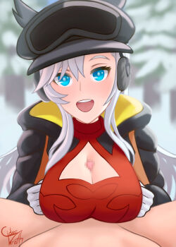 1boy 1girl black_jacket blue_eyes breasts ciderwrath cleavage_cutout clothing_cutout dragalia_lost ear_covers earmuffs forest gloves goggles goggles_on_head highres ilia_(dragalia_lost) ilia_(dragonyule)_(dragalia_lost) jacket large_breasts looking_at_viewer nature open_clothes open_jacket open_mouth paizuri red_shirt shirt signature snow white_gloves white_hair