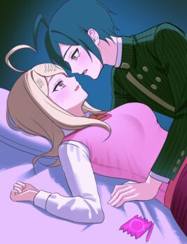 1boy 1girl :d ahoge akamatsu_kaede black_hair blonde_hair blush breasts condom condom_wrapper danganronpa_(series) danganronpa_v3:_killing_harmony eye_contact fortissimo green_jacket hair_ornament highres jacket keke_(xfxyuio) large_breasts long_hair long_sleeves looking_at_another musical_note musical_note_hair_ornament necktie open_mouth orange_necktie pink_eyes pink_sweater_vest saihara_shuichi shirt smile striped_clothes striped_jacket sweater_vest white_shirt