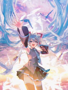 1girl aqua_eyes aqua_hair aqua_necktie aqua_trim arm_up armpits bare_shoulders bird black_skirt breasts cloud cloudy_sky collared_shirt commentary_request detached_sleeves floating_hair grey_shirt hair_between_eyes hair_ornament hatsune_miku highres long_hair long_sleeves looking_at_viewer medium_breasts miniskirt necktie nori_salt open_mouth outdoors pleated_skirt shirt skirt sky sleeveless sleeveless_shirt smile solo thighhighs twintails very_long_hair vocaloid white_bird wide_sleeves zettai_ryouiki