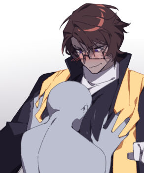 1boy 1other black_coat blush brown_hair chinese_commentary closed_mouth coat commentary_request dieci_association_south_uniform glasses grabbing_another&#039;s_pectorals heathcliff_(project_moon) limbus_company mercuryhx parted_bangs project_moon purple_eyes simple_background stole white_background